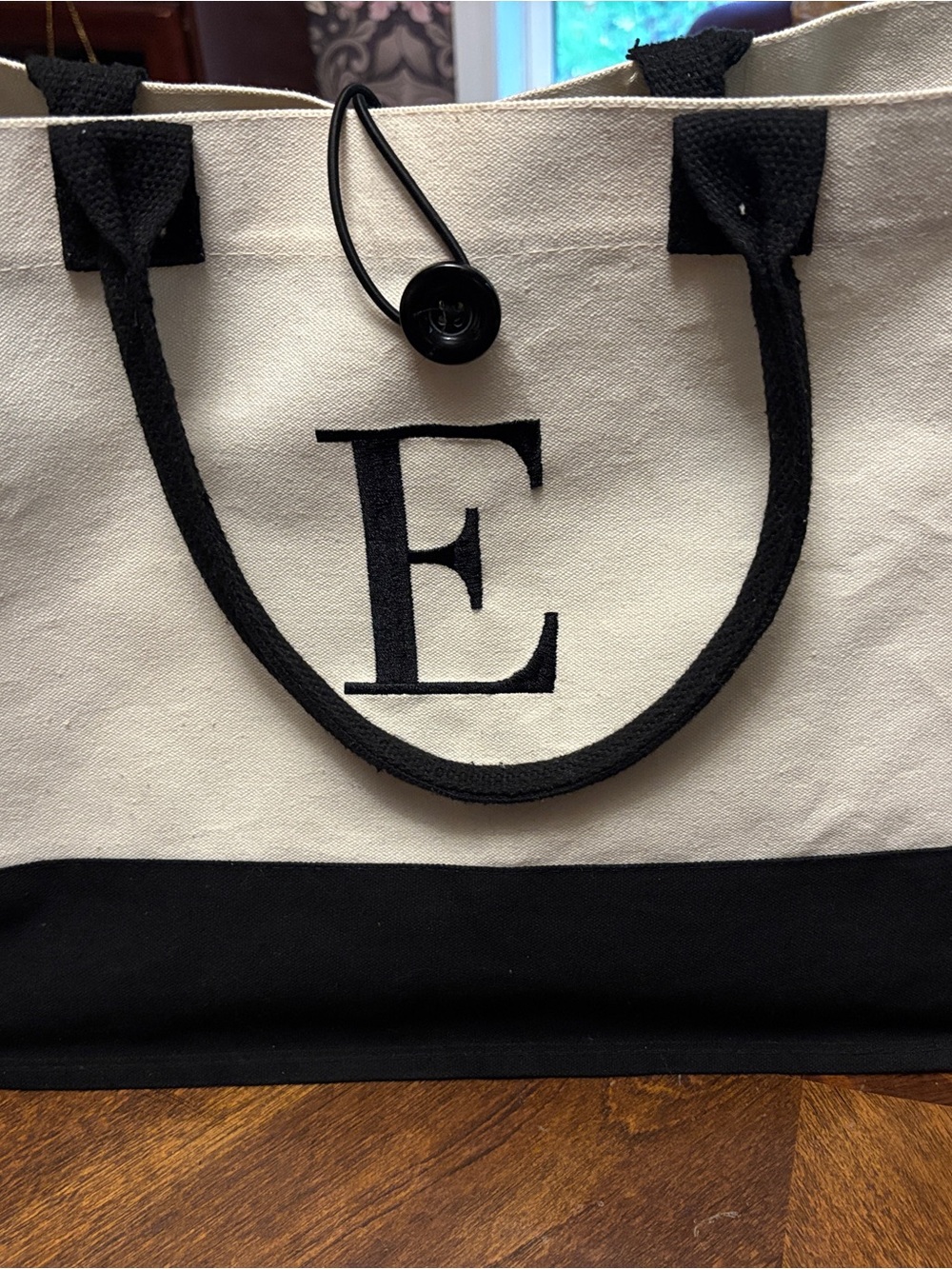 White & Black Canvas Tote Bag with Monogram E